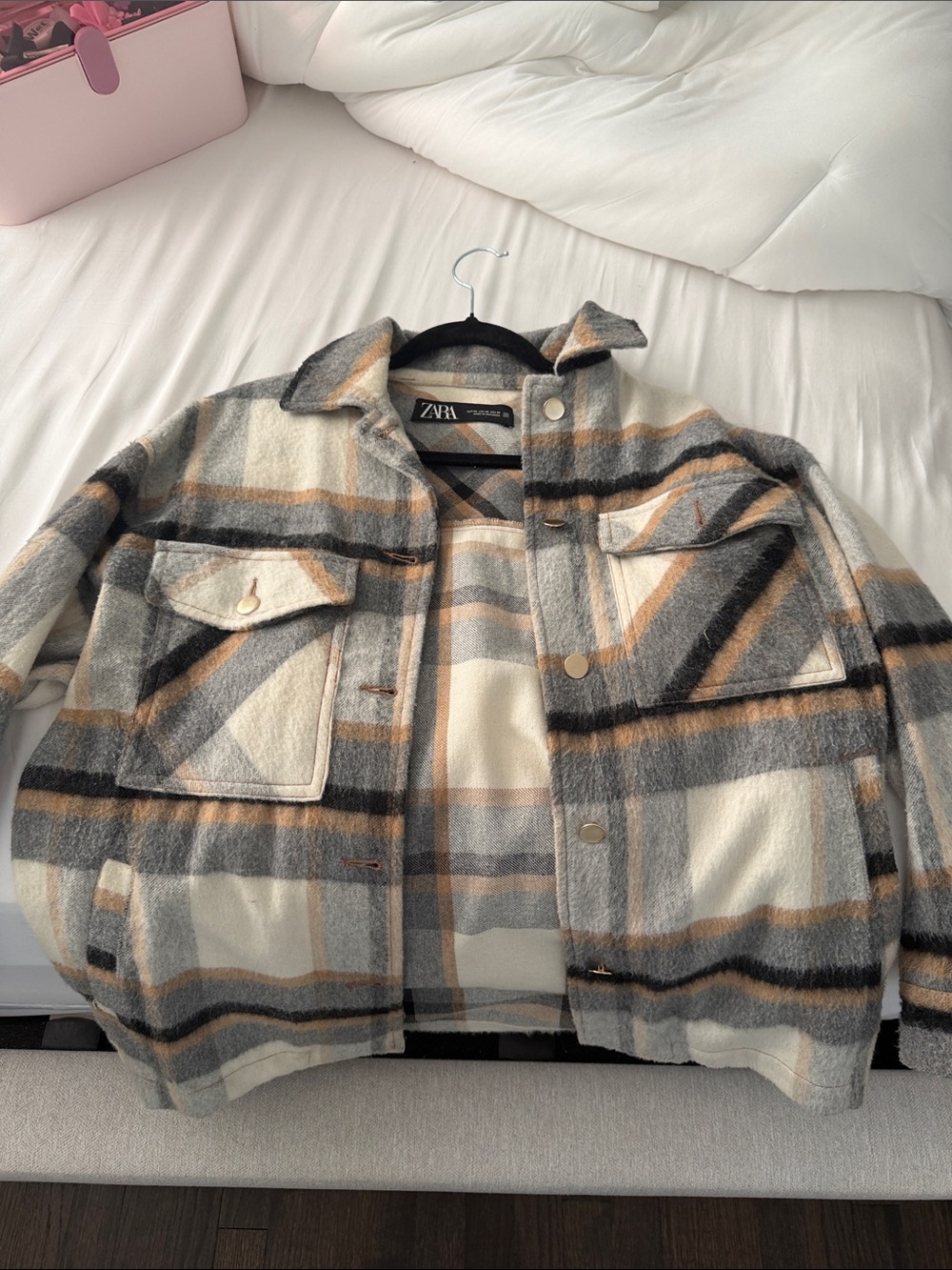 Zara Plaid Shacket in Cream, Gray & Tan